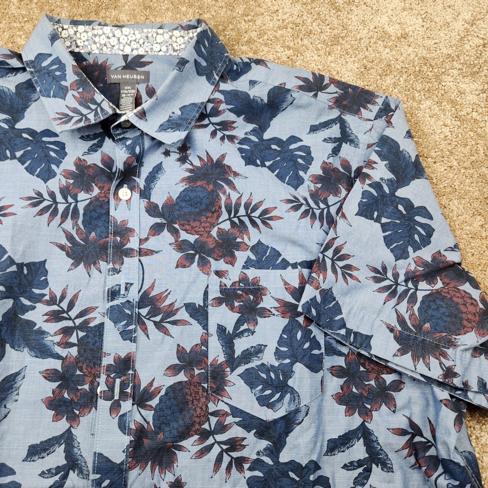 Van Heusen Men XXL Blue Tropical Pineapple Floral Short Sleeve Button Down Shirt